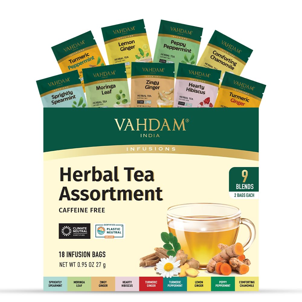 Vahdam, Assorted Herbal Tea Sampler (18 Tea Bags, 9 Flavors) Caffeine-Free, Non-GMO, Double Infusion, Individually Enveloped Tea Bags