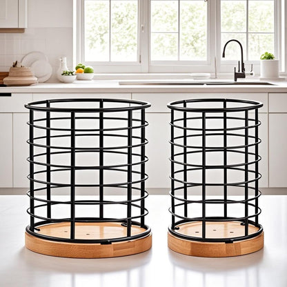2-Piece Metal Kitchen Utensil Holder Set, Black Crocks with Wooden Bases, 5.1"×5.1"×5.8" & 3.7"×3.7"×5.8" Sizes
