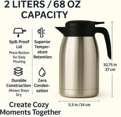 Heritage66 Thermal Coffee Carafe with Cleaning Brush – 68 oz (2 L) Vacuum Insulated Stainless Steel Beverage Dispenser, Keeps Drinks Hot 12 H/Cold 24 H, Ideal for Home, Office &amp; Parties