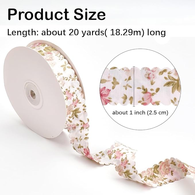 20 Yards Flower Print Ribbon White Spring Summer Floral Pattern Polyester Ribbon Vintage Wavy Edge Ribbons Bulk with Spool for Sewing Making Craft Bouquet Home Decor Wedding DIY Christmas