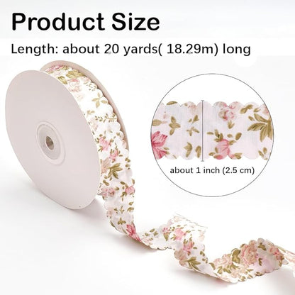 20 Yards Flower Print Ribbon White Spring Summer Floral Pattern Polyester Ribbon Vintage Wavy Edge Ribbons Bulk with Spool for Sewing Making Craft Bouquet Home Decor Wedding DIY Christmas