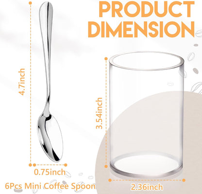 6 Pcs Mini Coffee Spoons with Holder 4.7 inch Demitasse Espresso Stainless Steel Spoons Silver with Acrylic Cylinder Holder for Coffee Bar Home Tea