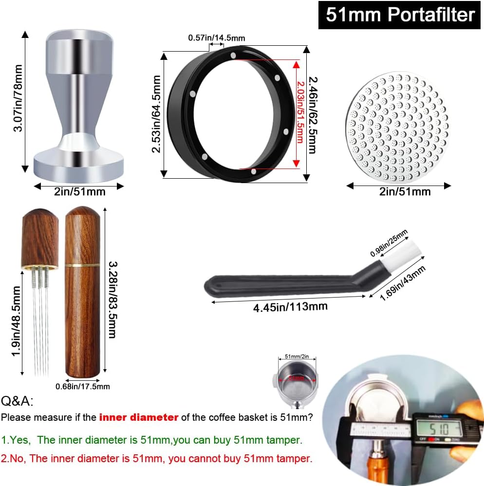 51mm Espresso Tamper Set, 5PCS Coffee Tamper Kit with WDT Tool, Coffee Stirrer, Dosing Funnel, Puck Screen 51mm Espresso Accessories Tampers Kit (Silver)