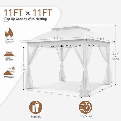 COOS BAY 11x11 Pop Up Gazebo with Mesh Netting, Instant Outdoor Canopy Tent, Water Resistant Shelter with UPF 50+ UV Protection, 121 Sq Ft Coverage, White