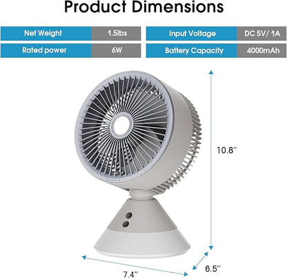 Portable Desk Fan Rechargeable, 4000mAh Battery Operated, 3 Speeds Air Circulator Fan with LED Light, 90° Vertical and 90° Oscillating for Home Office