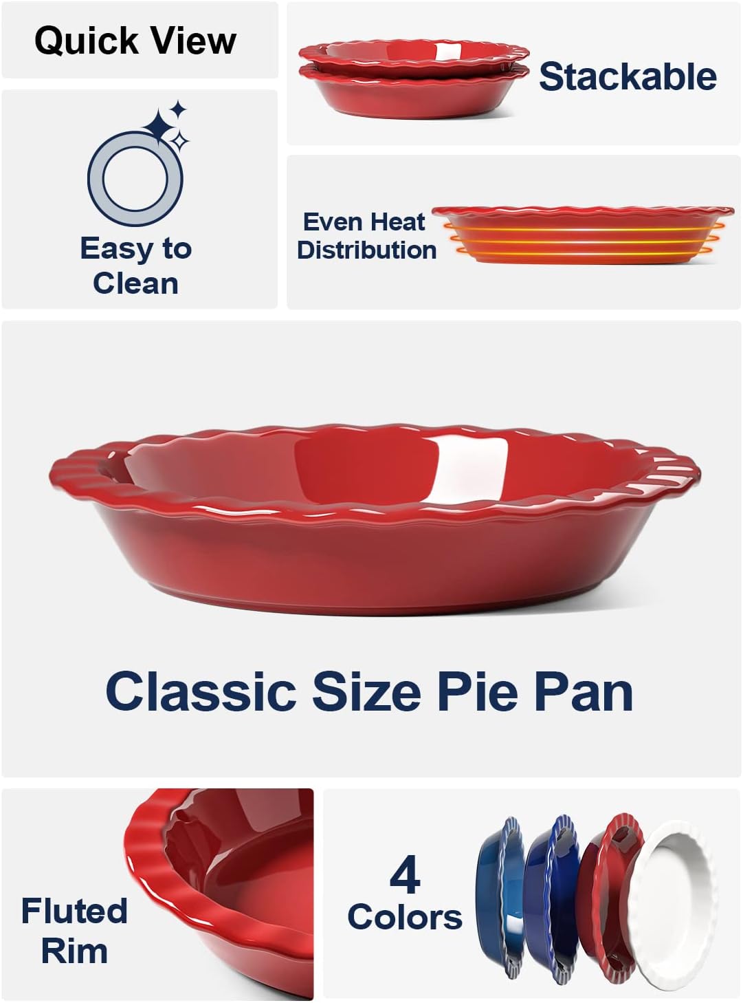 LE TAUCI Ceramic Pie Pans for Baking, 9 Inches Pie Plate for Apple Pie, Pecan Pie, 36 Ounce Deep Dish Pie Pan, Set of 2, Red