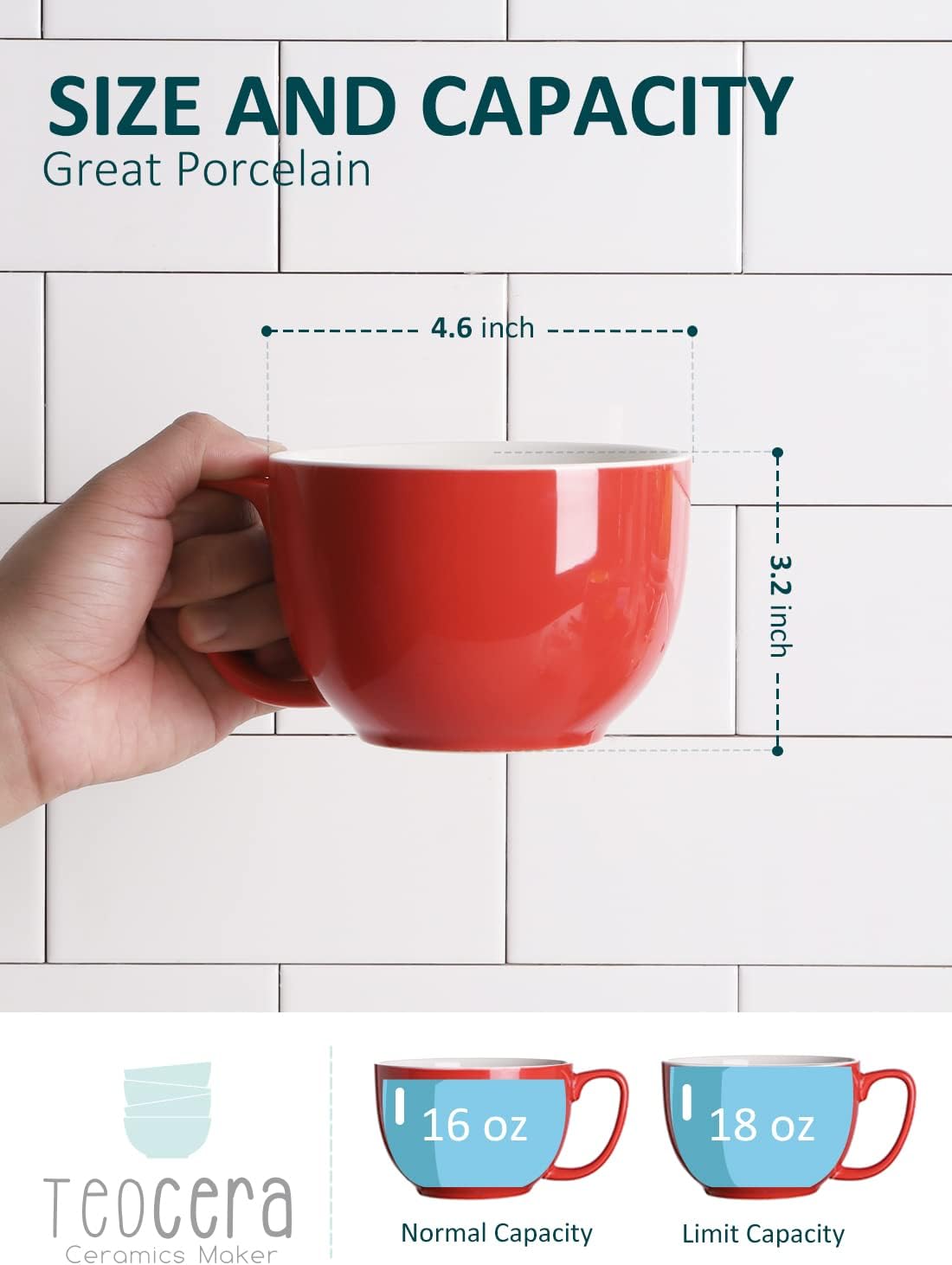 Teocera 16oz Large Coffee Mugs Set of 4 - Thick White Porcelain Cups for Cappuccino, Latte, Tea & Hot Chocolate