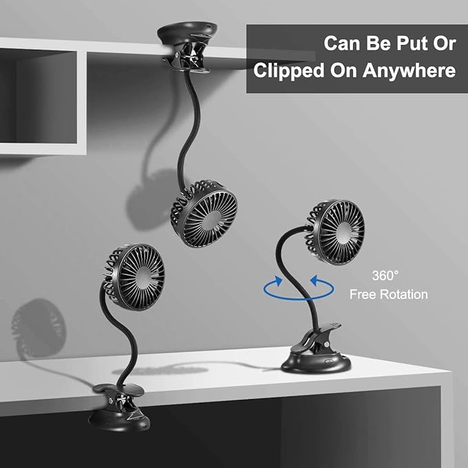 Clip On USB Mini Desk Fan with Emergency Power Bank, Battery Operated Rechargeable Portable Fan - Flexible Neck, 3 Speed Personal Cooling for Car, Camping, Office, Dorm, Beach - Black