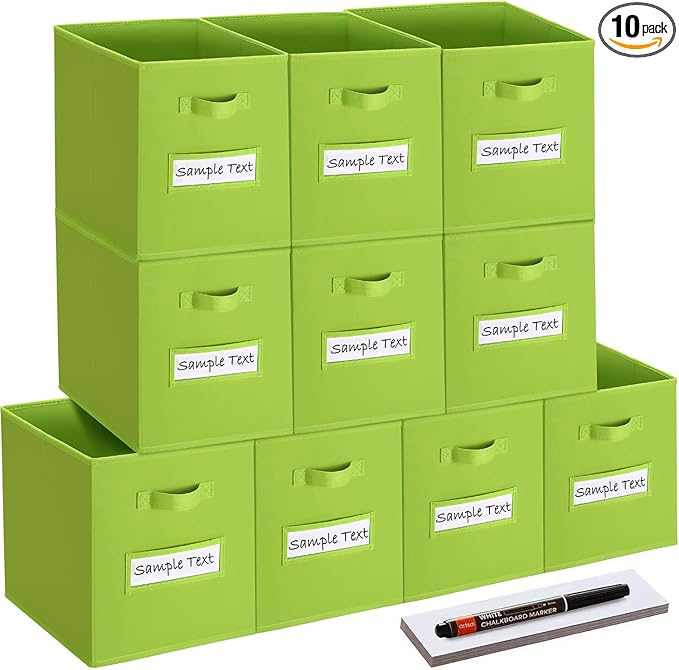 artsdi 11x11 storage cube bins (Set of 10) Foldable Fabric storage cubes with 10 Labels Window Cards & a Pen,11 inch cube storage bin,Closet Organizers for Shelves,Cubby Organizer Boxes,lime green