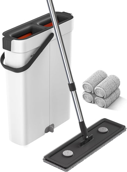 Mop and Bucket with Wringer Set,Hands Free Flat Floor Mop and Bucket,4 Washable Microfiber Pads Included,Wet and Dry Use, Home Floor Cleaning System for All Floor Types and Windows