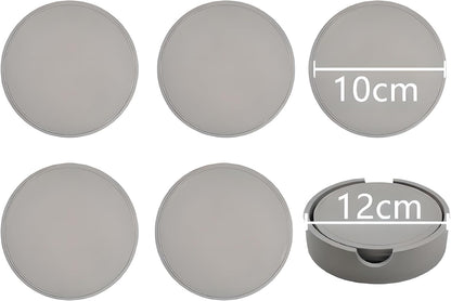 5-Piece Silicone Coasters Set with Holder - 3.9“ Non-Slip & Anti-Overflow Design for Hot/Cold Drinks | Thickened Kitchen & Living Room Decor, Housewarming Gifts for Men (Coffee, Beer, All Cup Types)