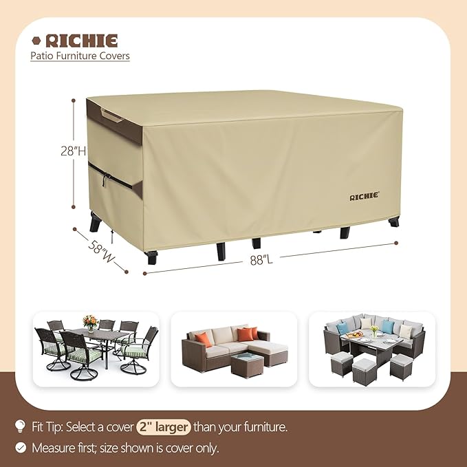 Outdoor Patio Furniture Cover - Heavy Duty Waterproof 600D Tough Canvas Protector for Rectangular Table Cover, All-Season Dining Table and Chair Covers (88L x 58W x 28H Inch)