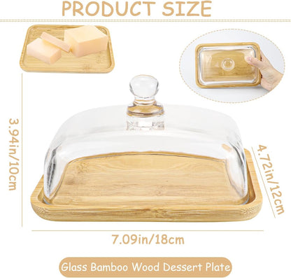 Crystal Clear Glass Butter Dish with Lid Butter Holder Container for Butter, Cream Cheese, and Dessert Cake（Bamboo）