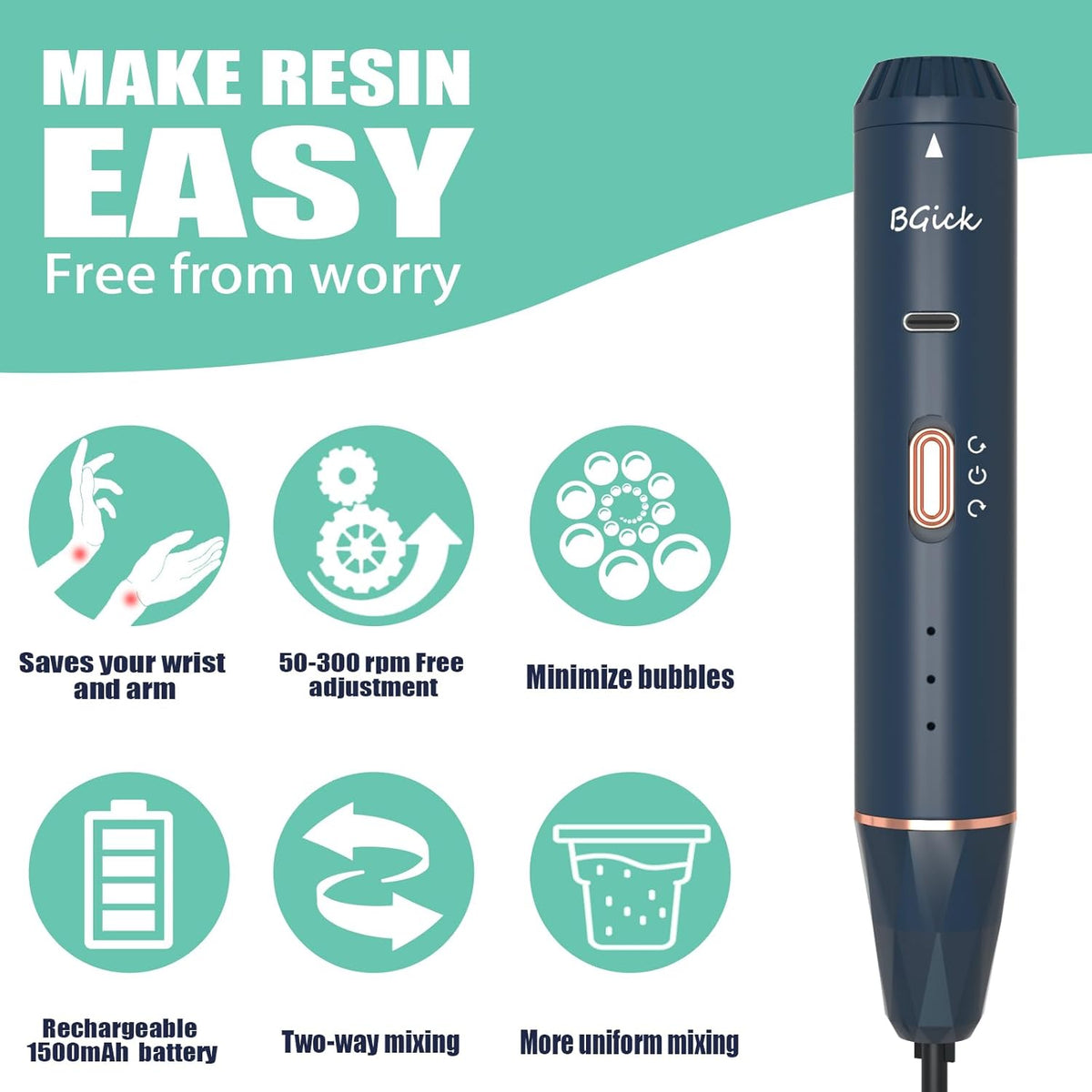 Upgraded Resin Mixer, Handheld Rechargeable Mixer with Minimizing Bubbles,Epoxy Resin Mixer for Resin, Silicone Mixing, Resin Molds, DIY Crafts (Included 4 pcs Paddles) (Blue)