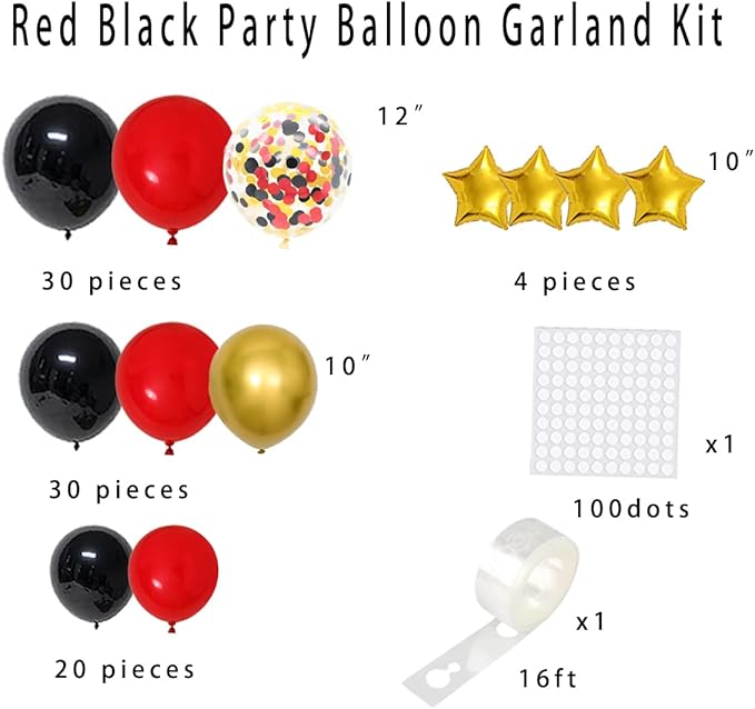 Red Black Gold Balloon Garland Arch Kit - Red Black Balloons Red and Metallic Gold Balloons for Casino Poker Birthday Bachelorette 2025 Graduation Wedding Party Decorations