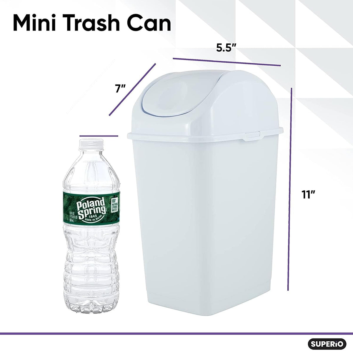 Superio Mini Desktop Trash Can with Swing Top Lid Portable Plastic Garbage Can for Countertop, Desktop, Make up Vanity, Bathroom, Car, Under Sink, Dorm, Compact Waste Bin 5 L, 1.25 Gal. (White)