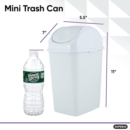 Superio Mini Desktop Trash Can with Swing Top Lid Portable Plastic Garbage Can for Countertop, Desktop, Make up Vanity, Bathroom, Car, Under Sink, Dorm, Compact Waste Bin 5 L, 1.25 Gal. (White)