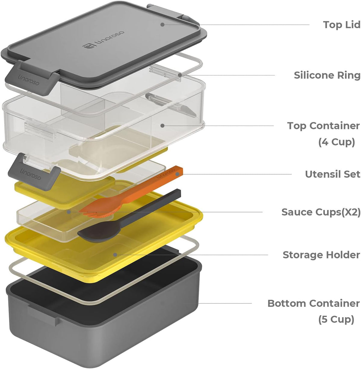 linoroso Stackable Bento Box Adult Lunch Box | Meet All You On-the-Go Needs for Food, Salad and Snack, Premium Bento Lunch Box for Adults Include Utensil Set, Dressing Containers - Ultimate Gray