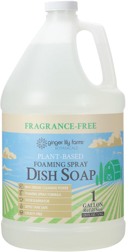 Ginger Lily Farms Botanicals Plant-Based Foaming Spray Dish Soap, Concentrated Formula with Max Grease Cleaning Power, Cruelty-Free, Fragrance-Free, 1 Gallon Refill (128 Fl Oz)