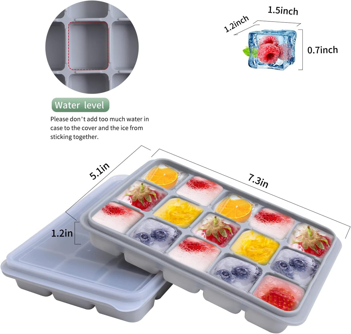 Ice Cube Trays Set of 2, Easy Release 15 Flexible Silicone Ice Cube Molds with Removable Lid Reusable Freezer Ice Trays Stackable for Whiskey, Baby Food, BPA Free (SNOW GRAY)