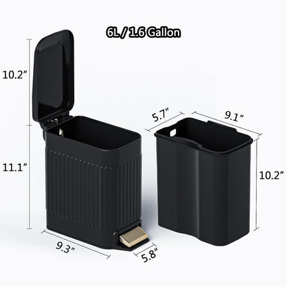 CEROELDA Small Bathroom Trash Can with Lid Soft Close-5L/1.3 Gal Slim Garbage Can-Metal Step Wastebasket-Rectangle Narrow Waste Bin for Office, Bedroom, Toilet, Live Room (Embossed-Black)