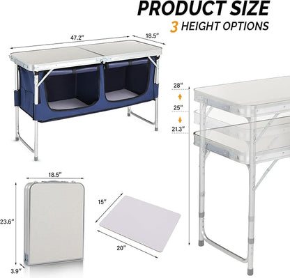Outvita Portable Camping Table with Storage, Outdoor Aluminum Folding Camping Table with 3 Adjustable Height, Foldable Camp Tables for Backyards BBQ Party Picnic Beach Indoor, White