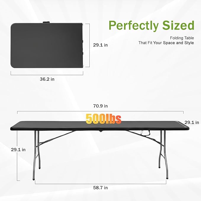 FDW 6FT Plastic Folding Table, Portable with Carrying Handle Perfect for Indoor, Outdoor, Party, Dining, Wedding, Events, Camping, Black