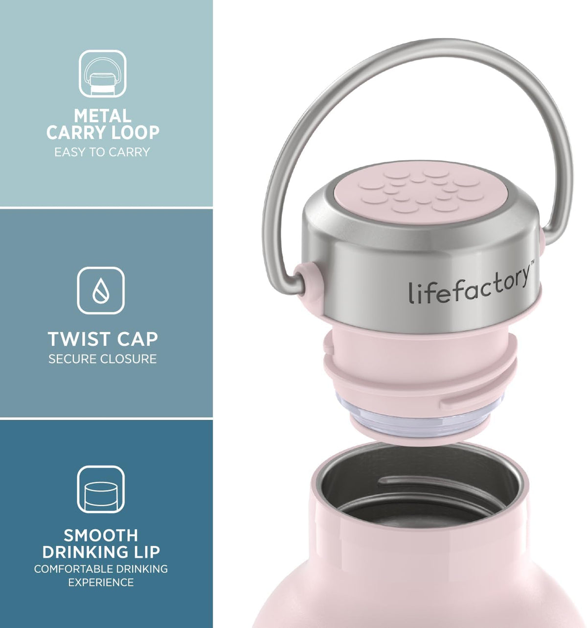 Lifefactory Stainless Steel Vacuum-Insulated Sport Bottle, 16 Ounce, Desert Rose