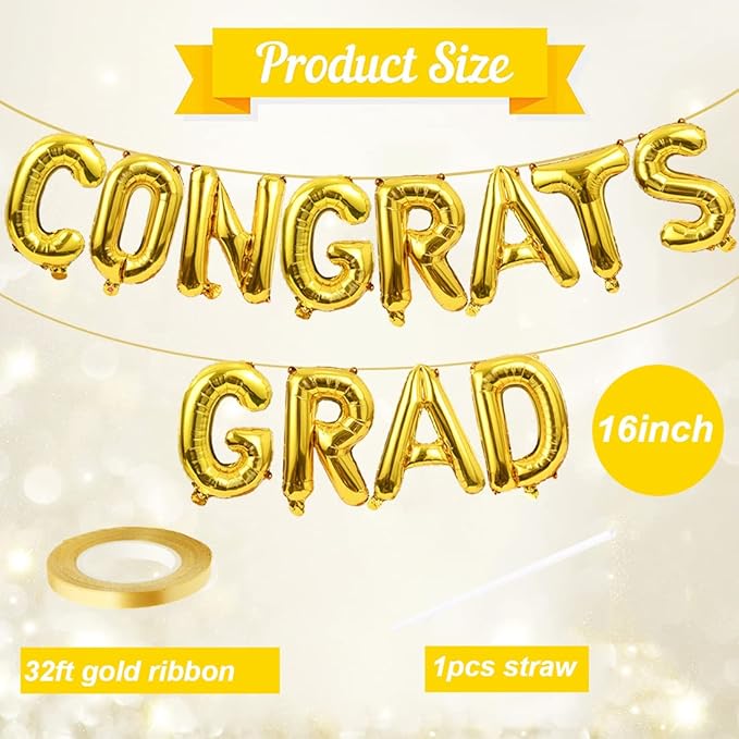Congrats Grad Balloons Banner Gold 16 Inch Foil Letter Graduation Balloons Congratulations Banner for Class Of 2025 Graduation Party Decorations