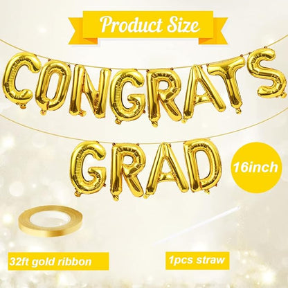 Congrats Grad Balloons Banner Gold 16 Inch Foil Letter Graduation Balloons Congratulations Banner for Class Of 2025 Graduation Party Decorations