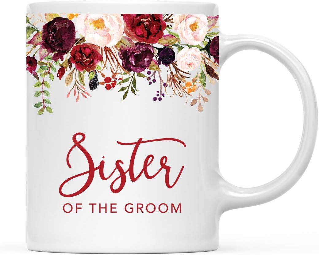 Andaz Press 11oz. Wedding Ceramic Coffee Tea Mug Gift, Fall Autumn Marsala Burgundy Flowers Roses Florals, Sister of the Groom, 1-Pack, Includes Gift Box