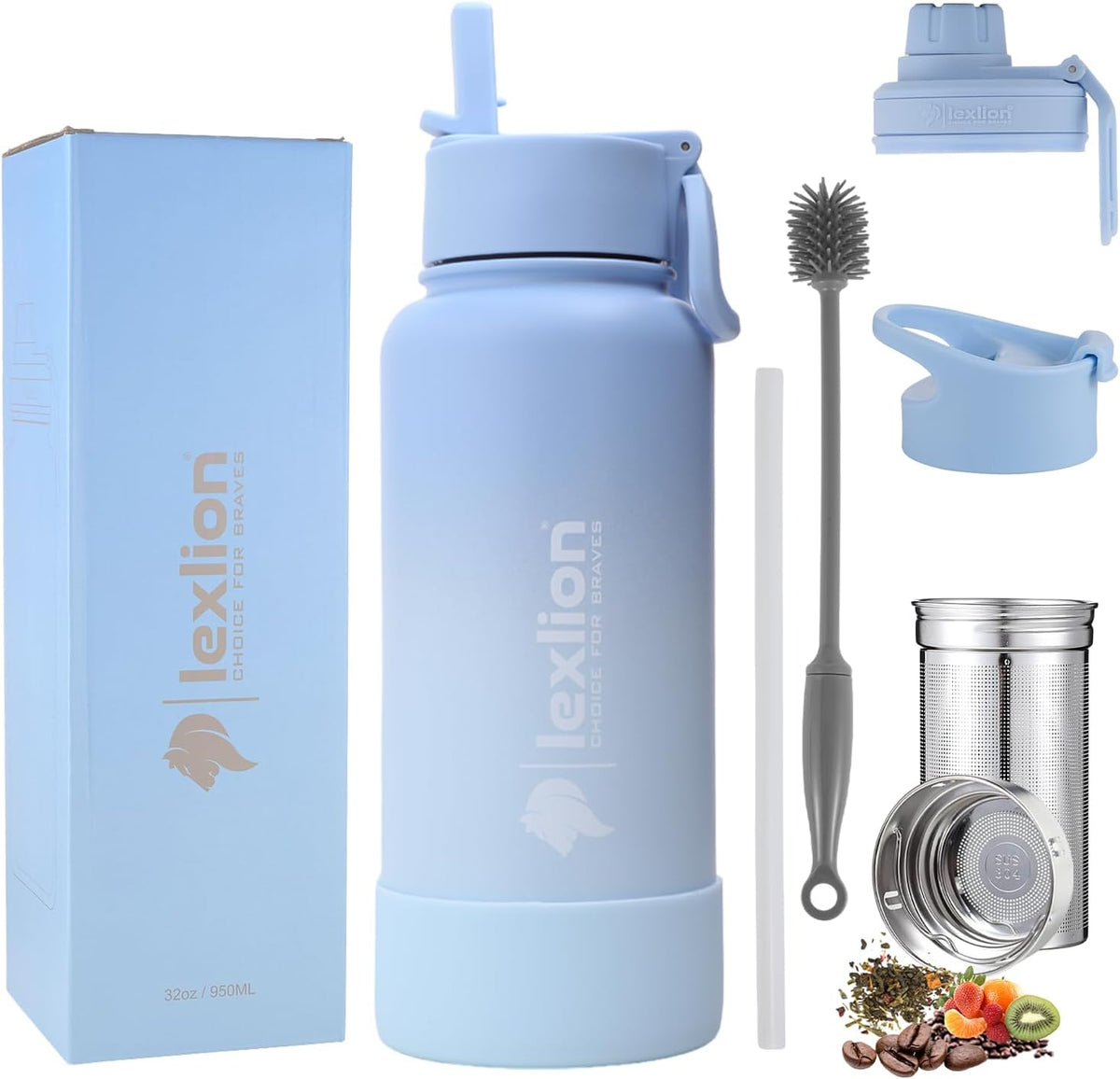 Lexlion 32 Oz Triple Walled Insulated Stainless Steel Fruit Infuser Bottle - Tea Infuser Water Bottle with 3 Lids, Silicone Sleeve, Leakproof