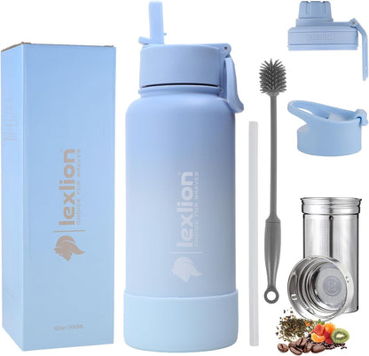 Lexlion 32 Oz Triple Walled Insulated Stainless Steel Fruit Infuser Bottle - Tea Infuser Water Bottle with 3 Lids, Silicone Sleeve, Leakproof