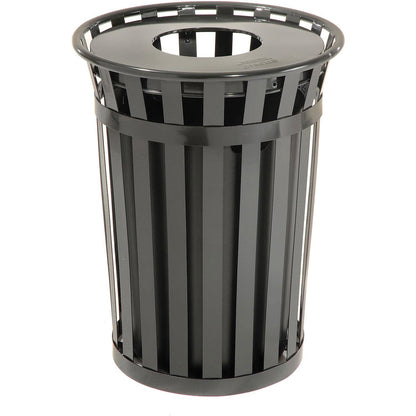 Global Industrial 36 Gallon Outdoor Slatted Steel Round Trash Can with Flat Lid, Plastic Liner & Anchor Kit Included, 28" W x 36" H, Commercial & Industrial Trash Can, Black