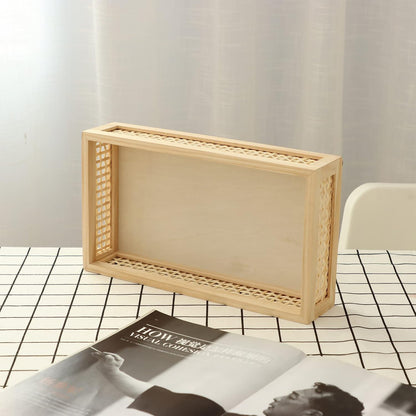 Yahuan Rectangular Wooden Bamboo Serving Tray with Handles, Handwoven Rattan Decorative Display Serving Platters