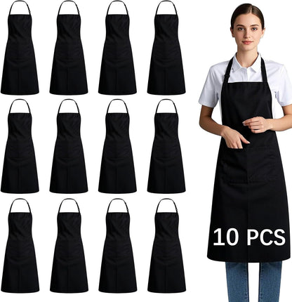 Bib Apron - Unisex Black Aprons 2 Pockets Cooking Kitchen Apron for Chef,BBQ Drawing aprons black (10 PCS)