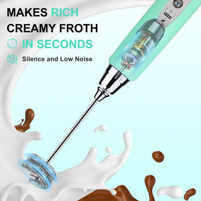Yuswko Baby Blue Handheld Milk Frother Wand for Coffee, Rechargeable Electric Whisk with 3 Heads 3 Speeds Drink Mixer Coffee Frother For Latte