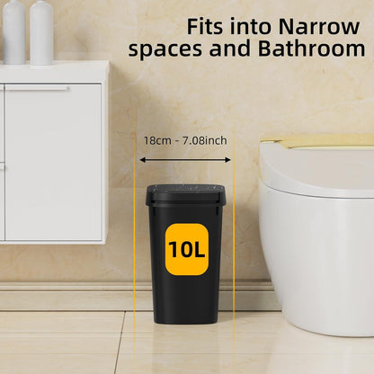 3 Pack Bathroom Small Trash Can with Lid, 2.6 Gallon Slim Garbage Bin with Pop-Up Lid, 10L Plastic Wastebasket for Bedroom, Office, Kitchen, Toilet (Three Colors)