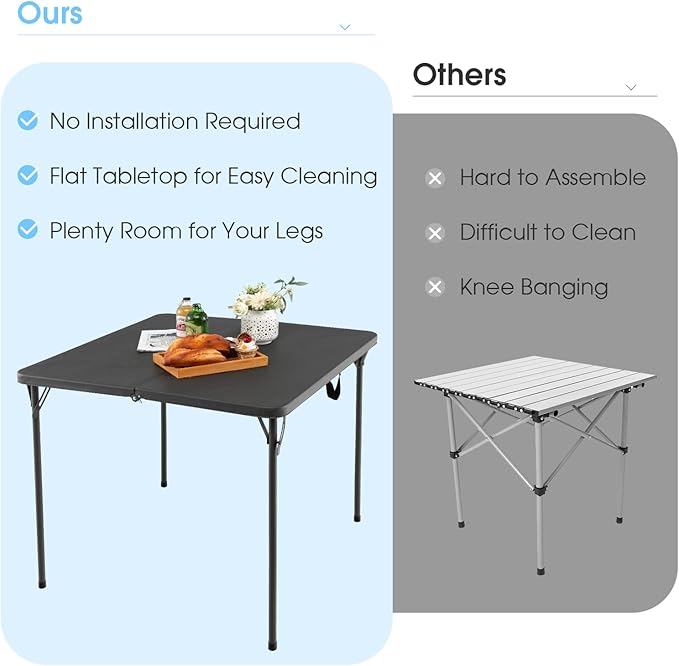 Goplus 34" Square Folding Card Table, Portable Plastic Utility Folding Tables with Collapsible Legs & Carrying Handle, Indoor Outdoor for Picnic, Party, Dining, Camping, BBQ, Grey