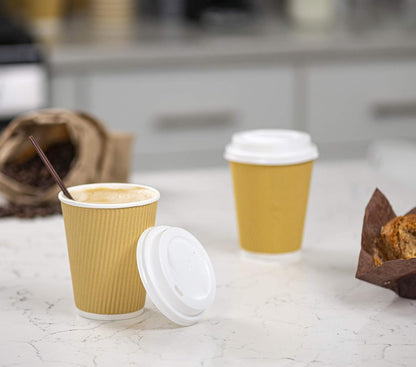 Gusto [12 oz. - 500 Count Insulated Kraft Ripple Paper Hot Cups, Disposable Coffee Cups With Lids - Ideal for Hot Beverages, Travel