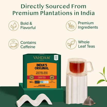 Vahdam, India's Original Masala Chai Tea Bags (100 Count) No Added Flavoring, Blended w/Exotic Spices, Whole Leaf Tea Bags, Resealable Ziplock Pouch