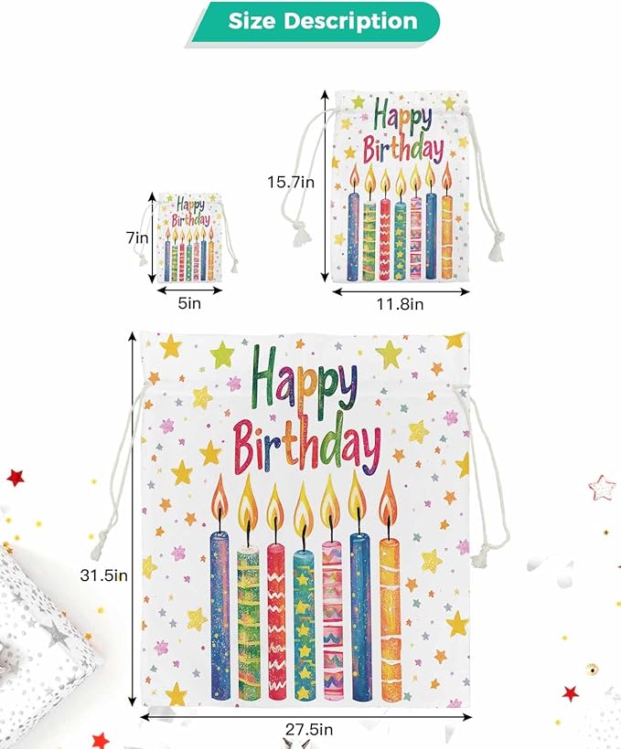 Victoroes Happy Birthday Drawstring Gift Bags 10 Pieces, 5" x 7" Small Colorful Star Candles Gift Bag Reusable Fabric Wrap Bags for Wedding Party Birthday Christmas Seasonal Holiday