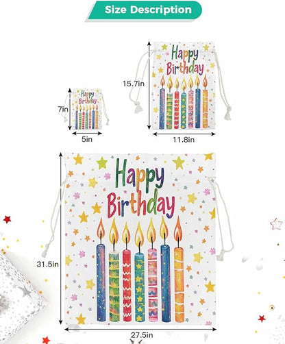 Victoroes Happy Birthday Drawstring Gift Bags 10 Pieces, 5" x 7" Small Colorful Star Candles Gift Bag Reusable Fabric Wrap Bags for Wedding Party Birthday Christmas Seasonal Holiday