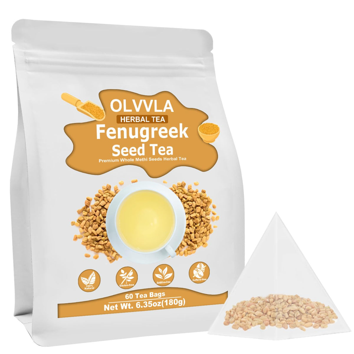 Olvvla - Premium Fenugreek Seed Tea Bags - 3g X 60 Count - 100% Pure Natural Fenugreek Methi Seeds - Non-GMO - Caffeine-free - Gluten-Free