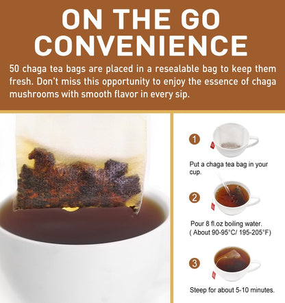 Olvvla - Chaga Tea Bags - 2.5g X 50 Count - 100% Wild Natural Chaga Mushroom Herbal Tea - Sourced from Siberia - Caffeine Free - Gluten-Free