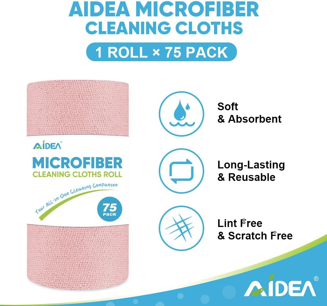 AIDEA Microfiber Cleaning Cloth Roll, 75PK, Tear Away Reusable Paper Towels, Pink Towels Lint Free Rags for House, Kitchen, Car Cleaning Supplies, 11.5"×11.5"