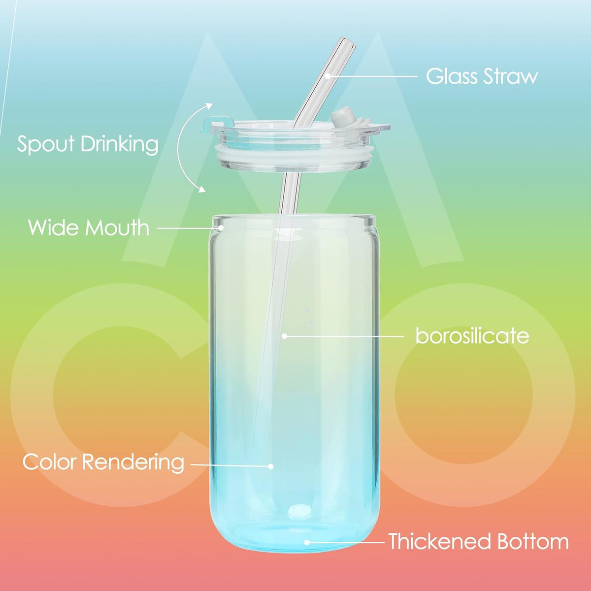 Comi 6pcs Glass Cups with Lids And Straws, Glass Tumbler for Iced Coffee, Drinking Glasses with Two Cleaning Brush,Glass Drinking Set