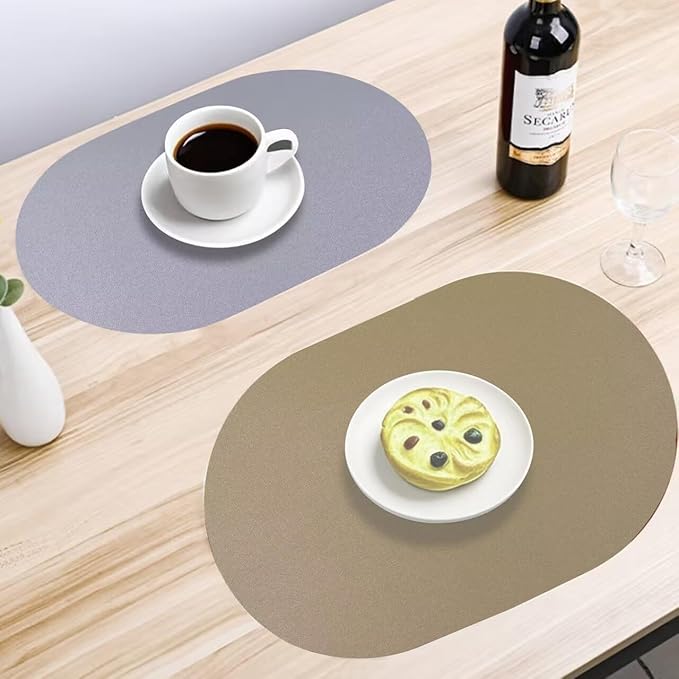 Oval Faux Leather Placemats Set of 6,Reversible PU Placemat for Dining Table,Waterproof Heat Resistant Wipeable Anti Slip Table Mats,Modern Table Protectors(Grey and Gold)