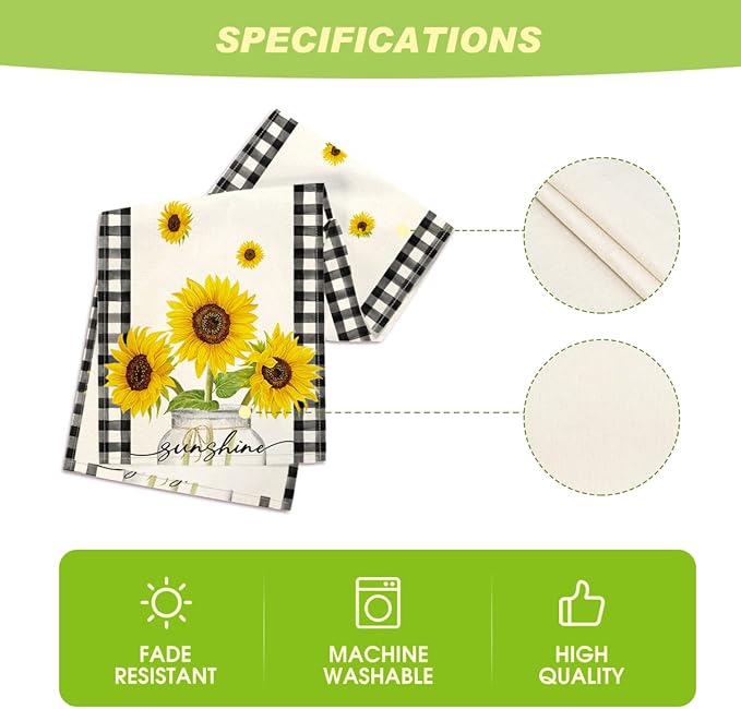 Artoid Mode Buffalo Plaid Sunflower Sunshine Vase Summer Table Runner, Spring Kitchen Dining Table Decoration for Home Party Decor 13x48 Inch