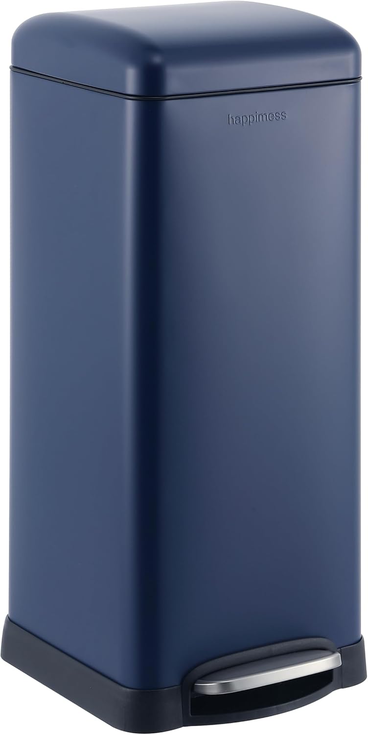 happimess HPM1007H Betty Retro 8-Gallon Step-Open Trash Can, Fingerprint Resistant, Modern, Minimalistic for Home, Kitchen, Laundry Room, Office, Bedroom, Bathroom, Denim Blue